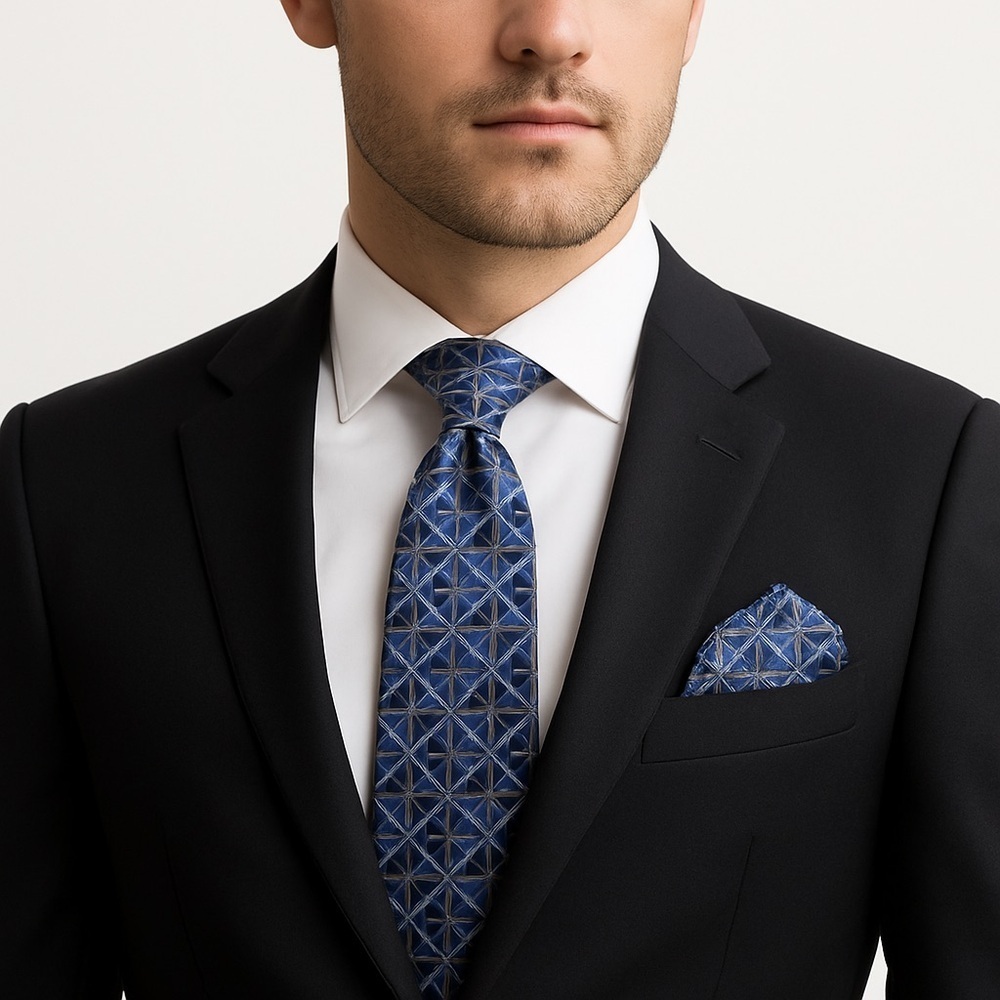 Phat Farm NWT Blue Geometric Tie and Pocket Square Set
